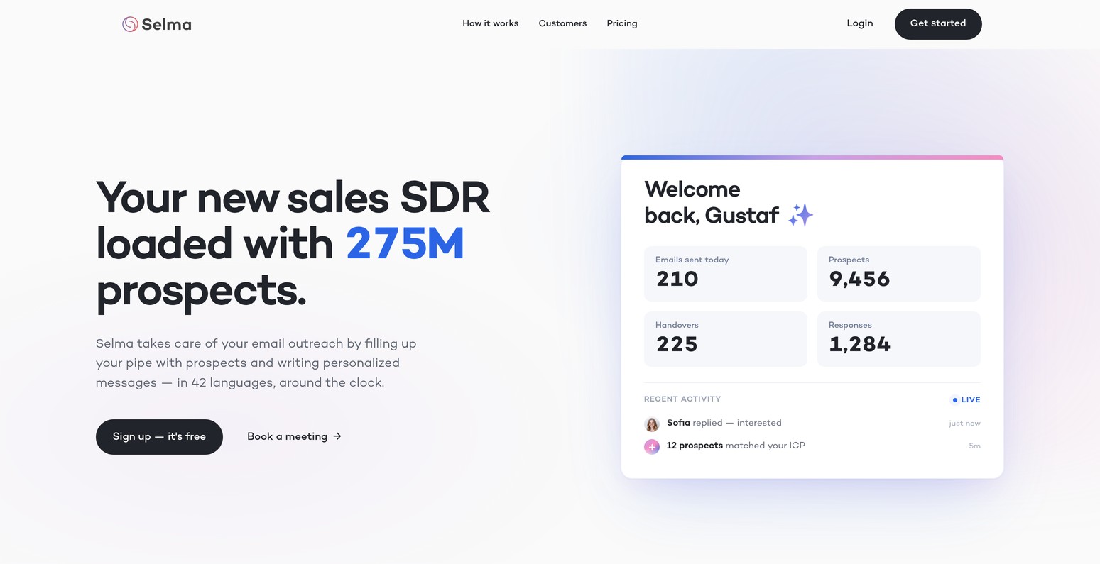 Selma's new homepage: a black wordmark, the line 'Your new sales SDR loaded with 275M prospects' and a live dashboard card
