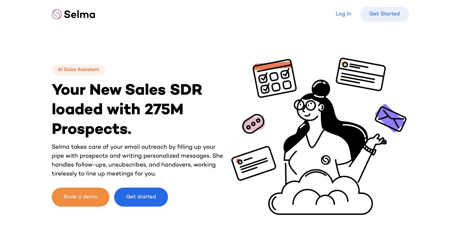 Selma's homepage before the rebrand: a cartoon mascot, an 'AI Sales Assistant' tag, and orange and blue buttons