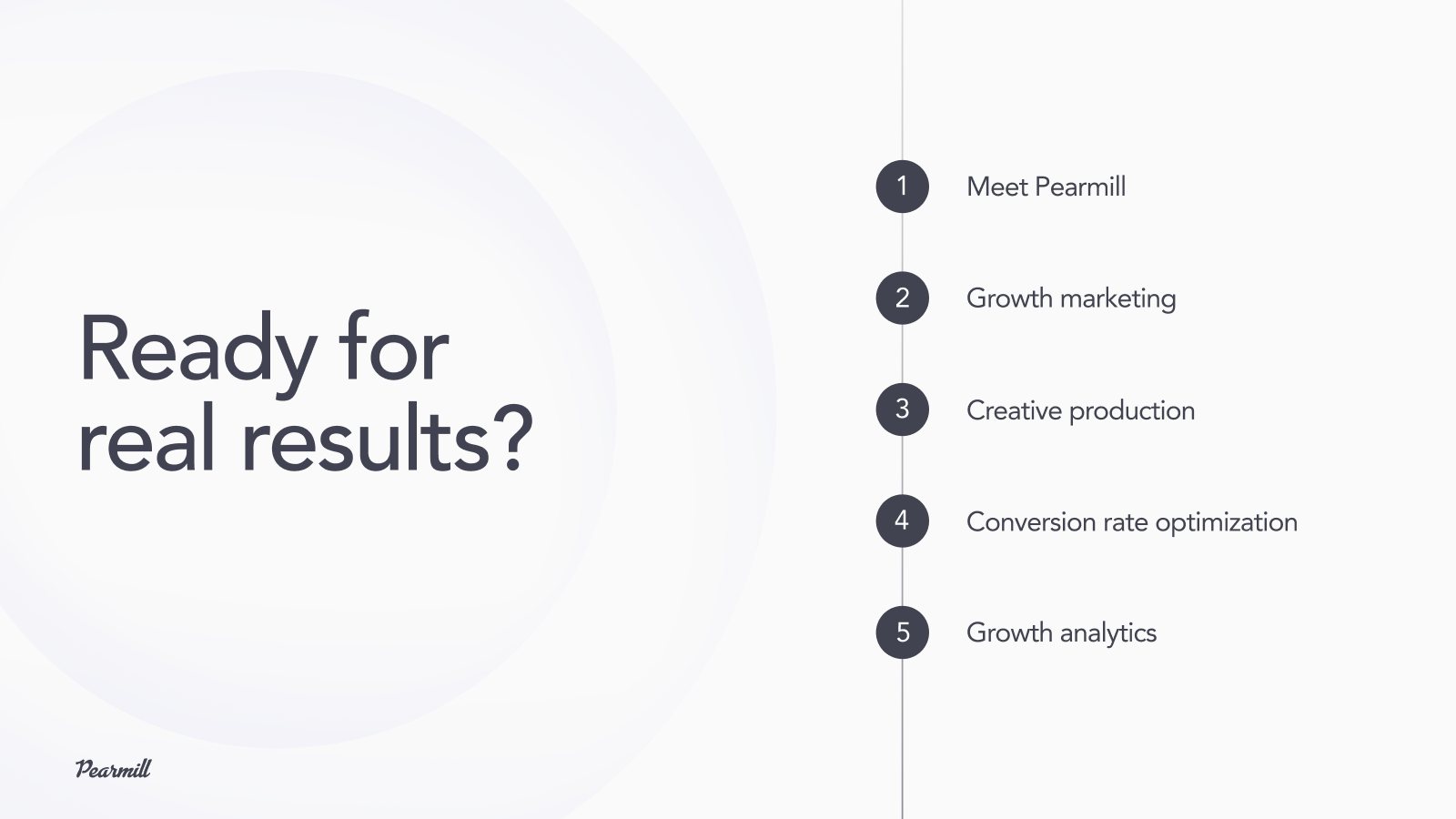 New agenda slide on white with the Pearmill logo