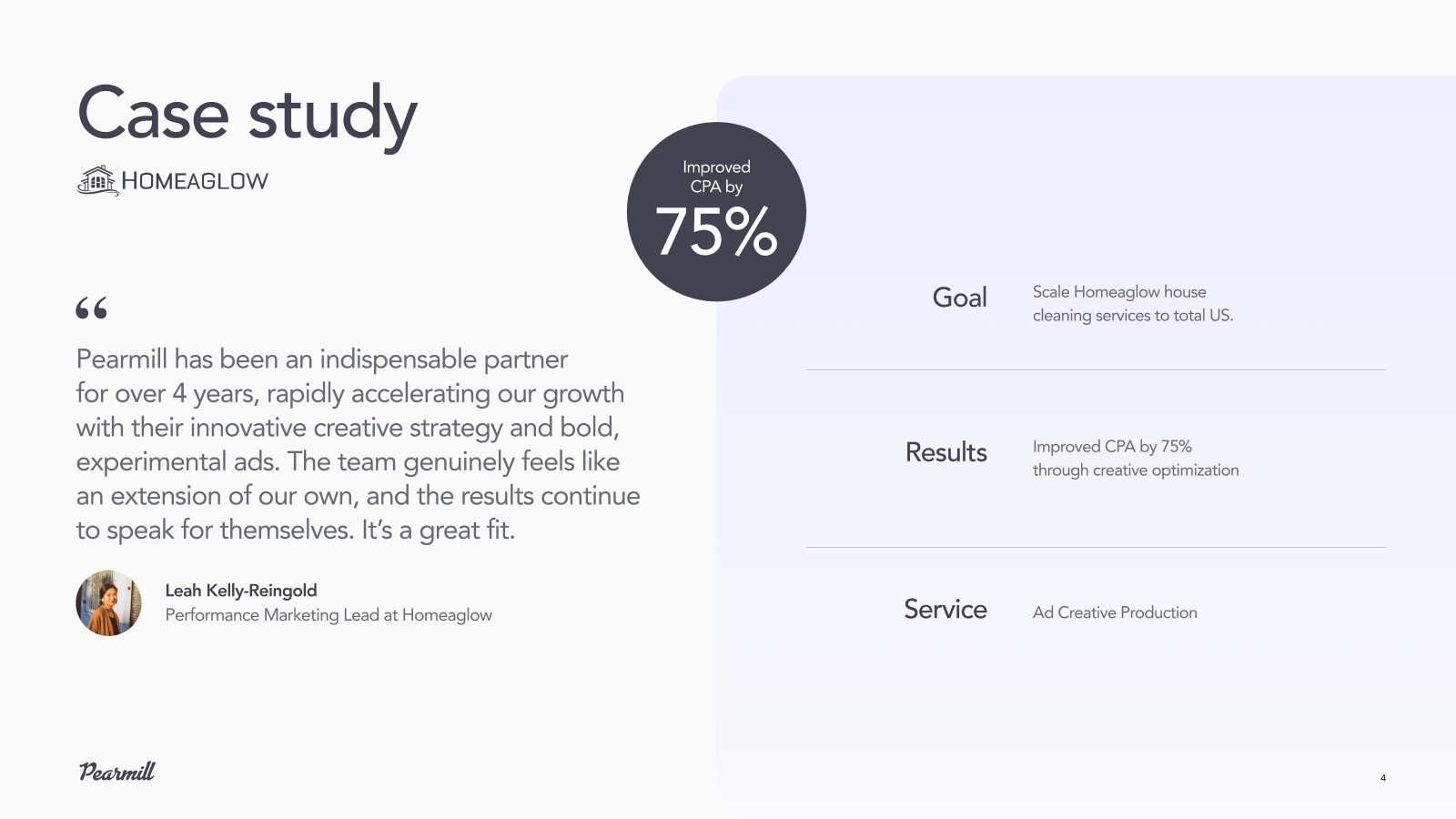 New client case study slide: open quote with a photo and a simple goal, result and service table