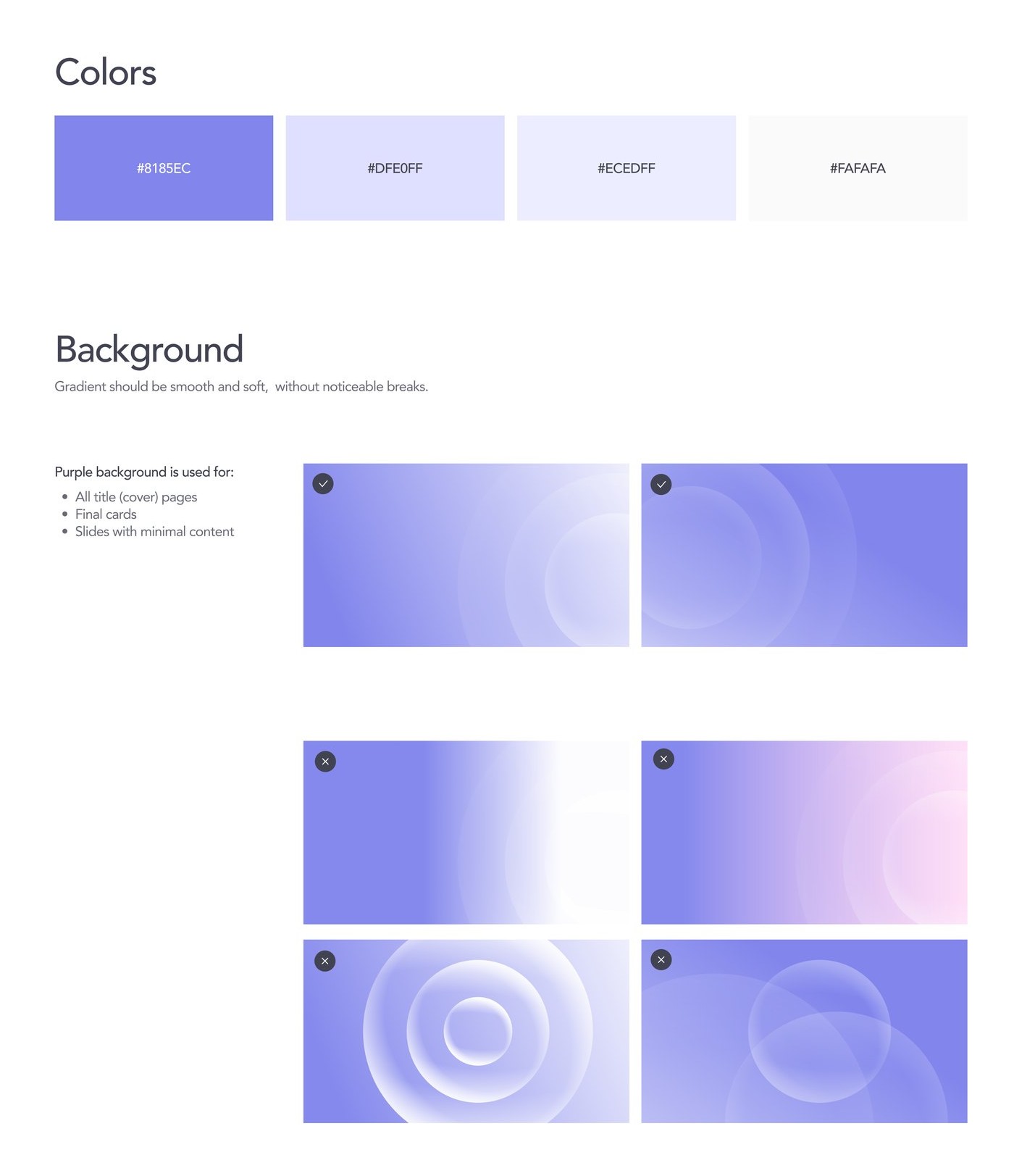 Color guidelines: four purples and do and don't examples for gradient backgrounds