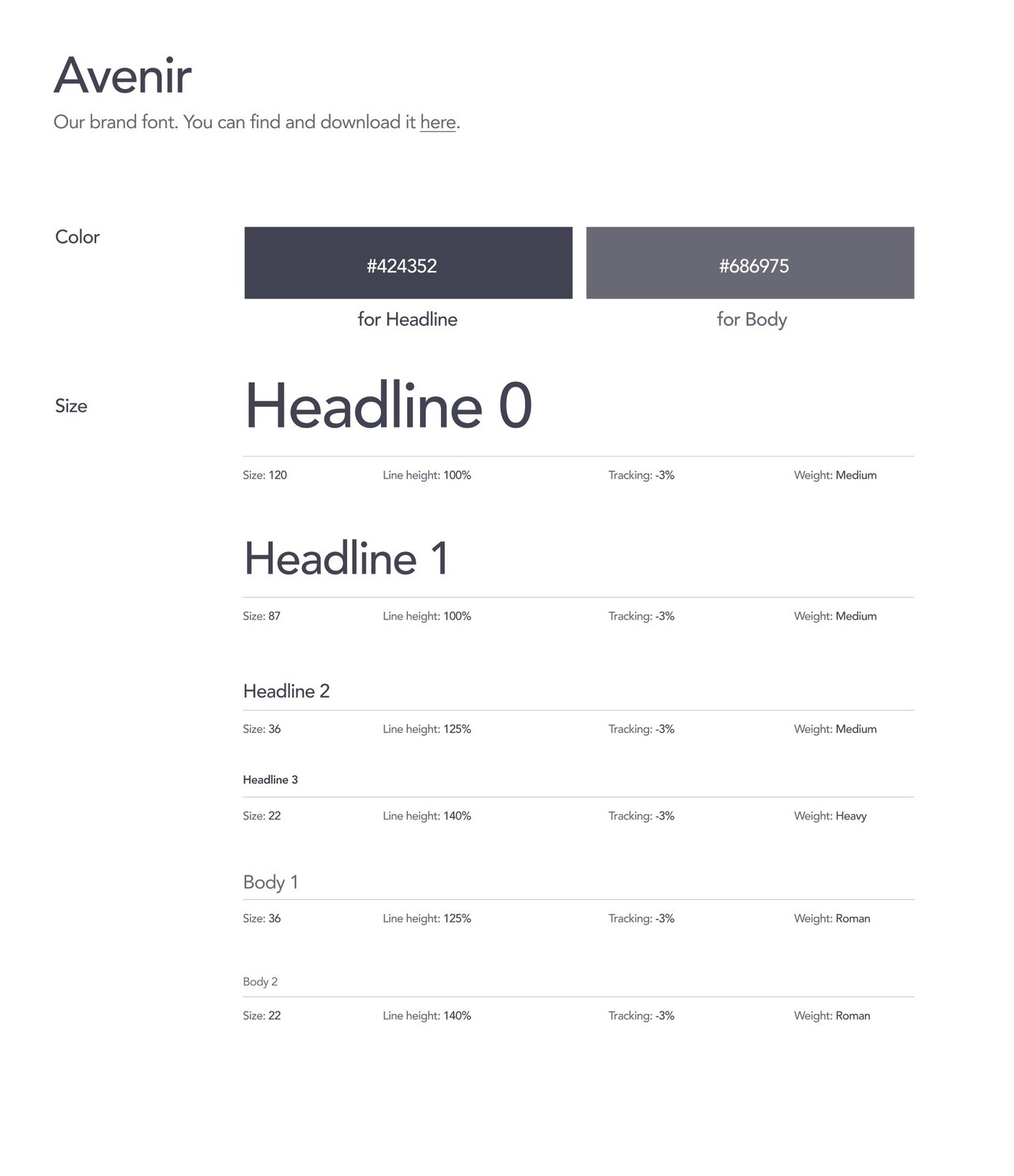 Type guidelines: Avenir sizes, weights and colors