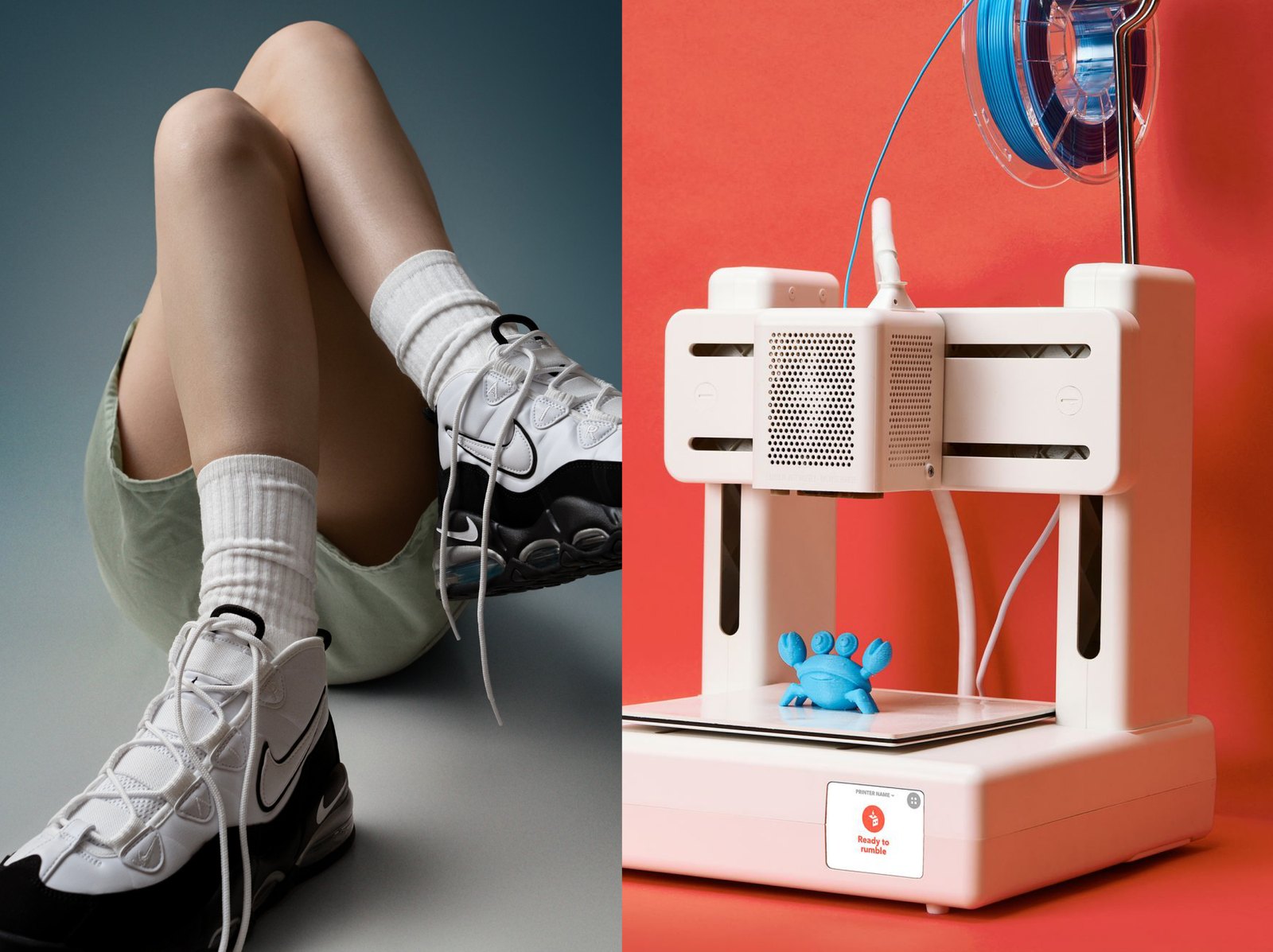 Sneakers on a grey studio set beside the Toybox 3D printer on red