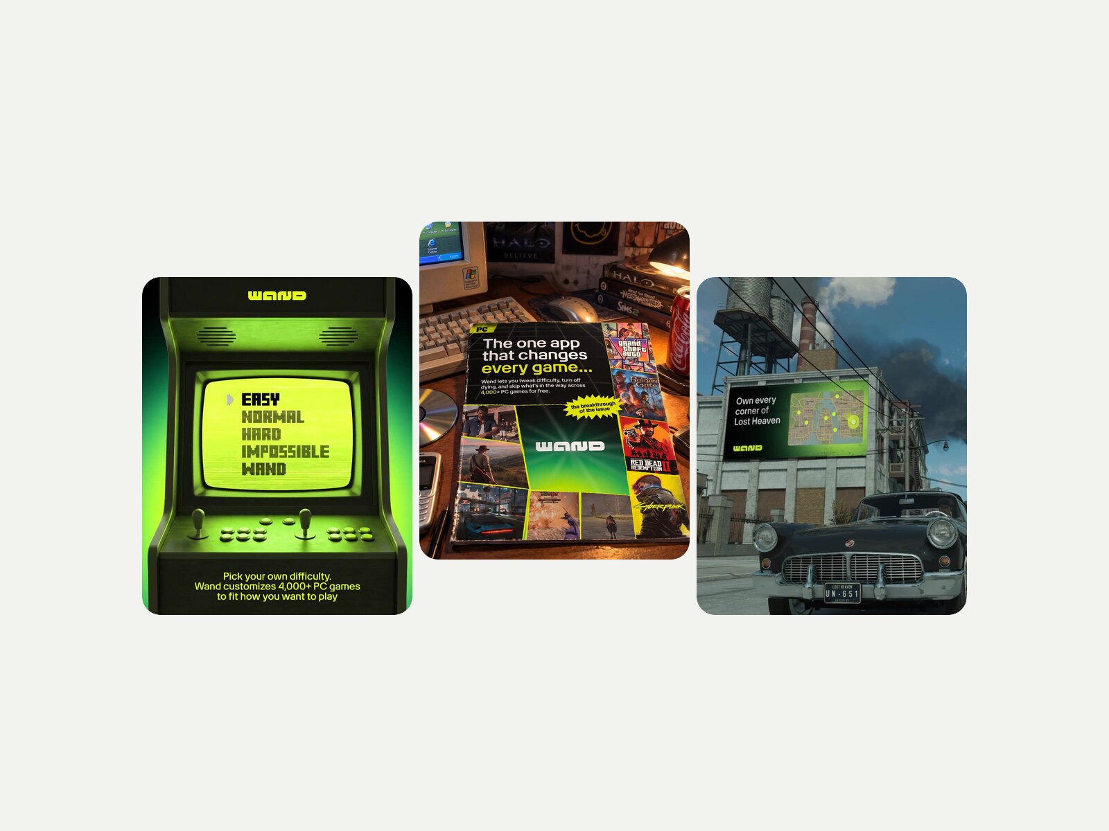 Wand paid-social ads: in-game billboards, a retro magazine and before-and-after gameplay